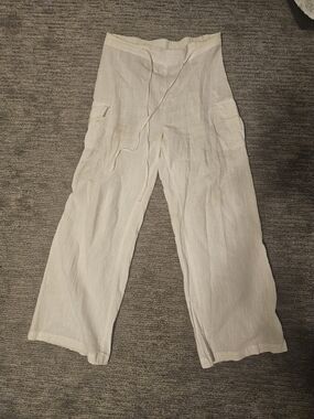 Women's Cream Cargo Linen-Blend Wide Leg Pants